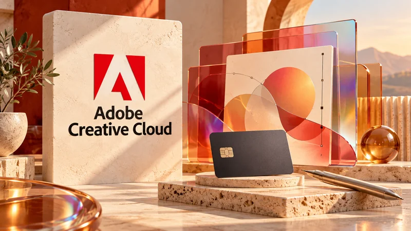 Красный логотип Adobe Creative Cloud, цветные прозрачные слои и карта в дизайнерской мастерской