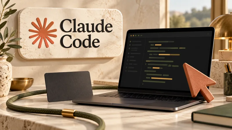 Логотип Claude Code, ноутбук и терракотовый курсор