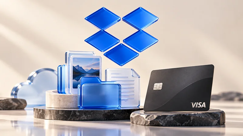 Синий логотип Dropbox, стеклянные папки и документы рядом с виртуальной картой Visa