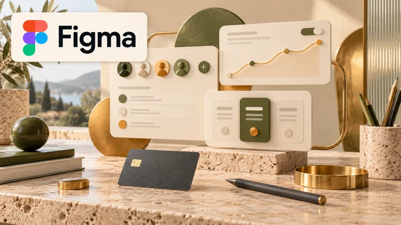 Логотип Figma и дизайнерские макеты на каменном столе