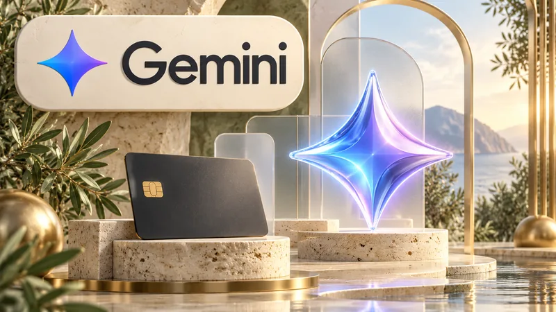 Логотип Gemini и светящаяся звезда на стеклянном подиуме