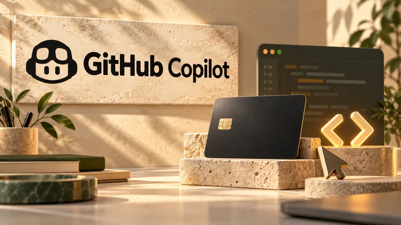 Логотип GitHub Copilot, окно кода и карта на каменном подиуме