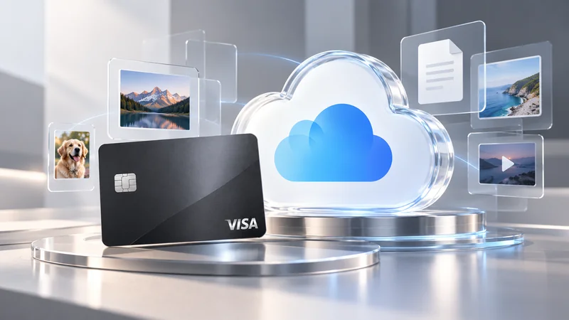 Голубой символ iCloud, синхронизируемые фотографии и тёмная виртуальная карта Visa в светлой студии