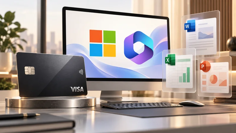 Логотип Microsoft 365, карточки Word, Excel и PowerPoint и тёмная виртуальная карта Visa