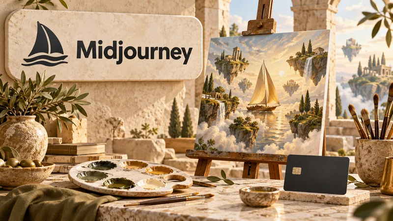 Логотип Midjourney, мольберт и фантастическая картина с парусником