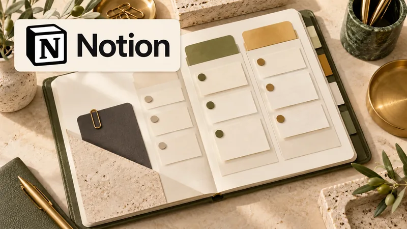 Логотип Notion над блокнотом с карточками задач