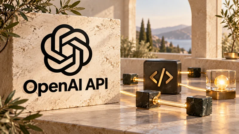 Логотип OpenAI, терминал API и индикаторы расхода кредитов на тёмном подиуме
