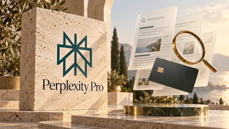 Логотип Perplexity Pro, исследовательские карточки и международная карта