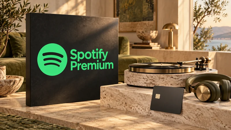 Зелёный логотип Spotify Premium, виниловый проигрыватель, наушники и карта на каменном подиуме