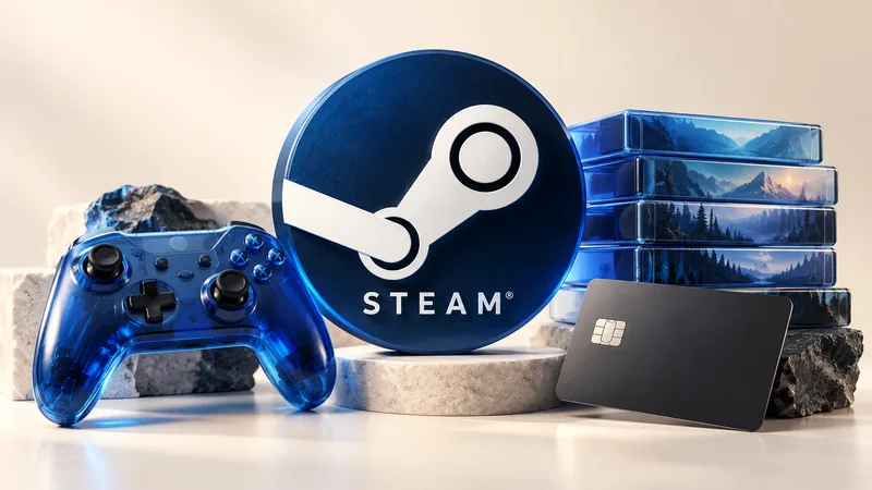 Логотип Steam, синий игровой контроллер и международная карта