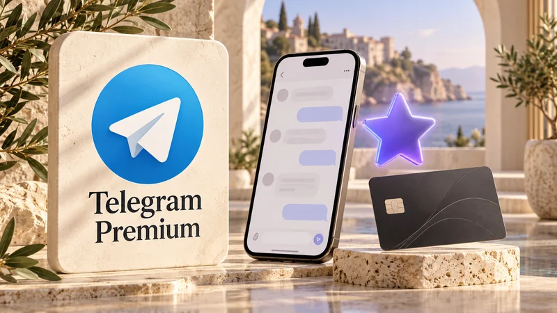 Логотип Telegram и звезда Premium на голубом стеклянном подиуме