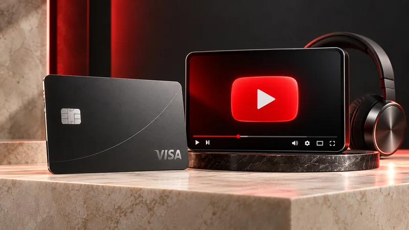 Красный логотип YouTube Premium на экране, наушники и тёмная виртуальная карта Visa на каменном подиуме