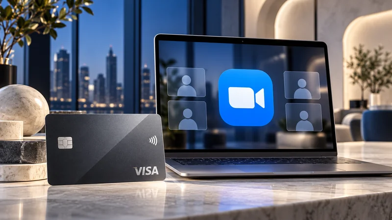 Синий логотип Zoom на экране видеовстречи и тёмная виртуальная карта Visa в премиальном офисе
